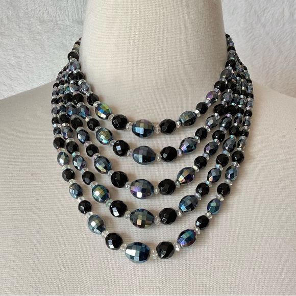Vtg Black Aurora Borealis Crystal Necklace Vintage 5 Strand Statement Necklace - Picture 1 of 9